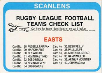 1979 Scanlens - Checklists #4 Eastern Suburbs Front